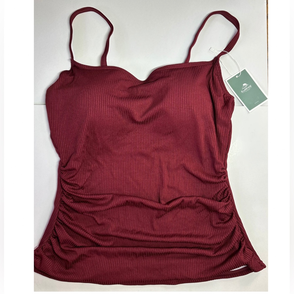 Burgundy Ribbed Cinched Tankini Top NWT Adjustable Straps Built-In Cups L
